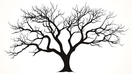 Silhouette of a tree with bare branches on a plain white background