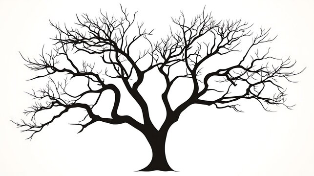 Silhouette of a tree with bare branches on a plain white background