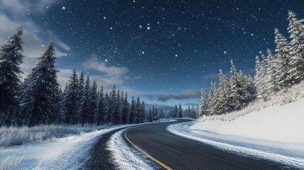 Fototapeta premium Snowy Road Under a Starry Night