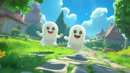Two cheerful animated ghosts playfully run along a sunny garden path.