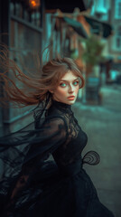 photorealistic picture of a beautiful young woman dancing on the street