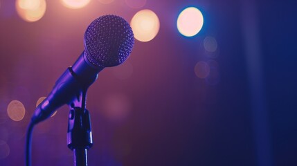 Obraz premium Microphone On Stage with Purple and Orange Lights