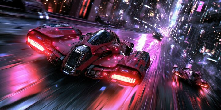 Red hovercar with glowing lights racing through a futuristic cityscape at night, neon reflections on wet streets