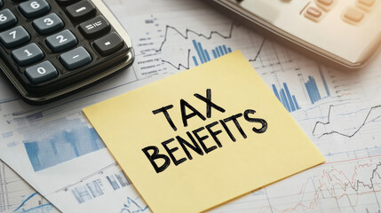 text "TAX BENEFITS" written on a yellow sticky note, with financial charts and a calculator in the background