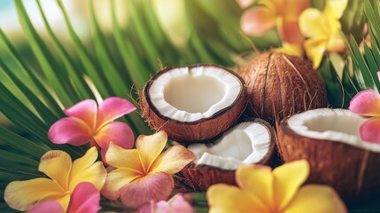 Organic coconut shells with smooth coconut oil, surrounded by tropical flowers