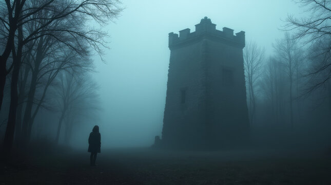 Nebeliger Morgen mit Turm und Person

