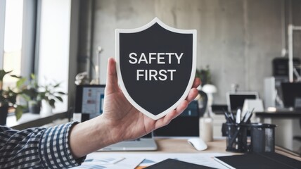 A person holding a shield with the words 'Safety First', emphasizing the importance of safety in the workplace environment.