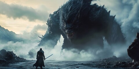 Powerful moment where a lone warrior stands with a sword