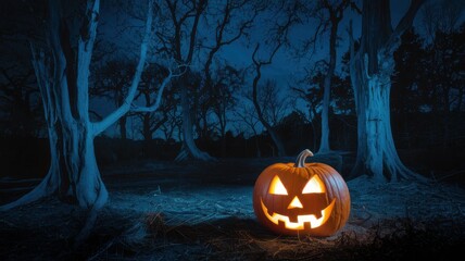 A spooky Halloween pumpkin glowing in the dark, surrounded by eerie trees in a moonlit forest, perfect for seasonal themes.