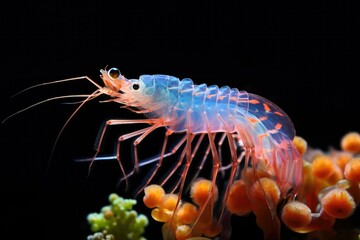 Fototapeta premium A vibrant succulent shrimp is perched on a lively coral showcasing its transparent body and striking colors in a rich underwater habitat