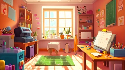 Colorful Creative Art Room Interior with Desk  Printer and Window