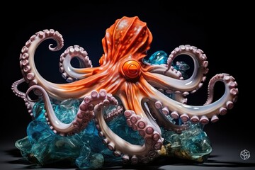 Fototapeta premium The octopus glides over vibrant corals displaying its patterns and graceful movements in a bright lively underwater scene