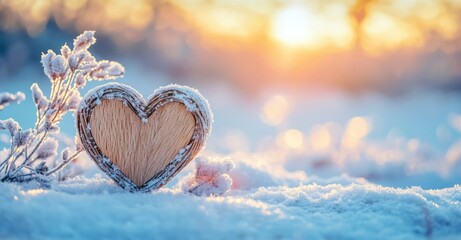 Fototapeta premium Wooden handmade heart in winter nature with sunset colors. AI generated illustration.
