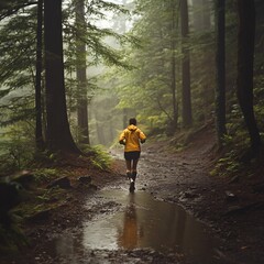 Obraz premium Exploring the tranquil forest paths a runner's journey through nature