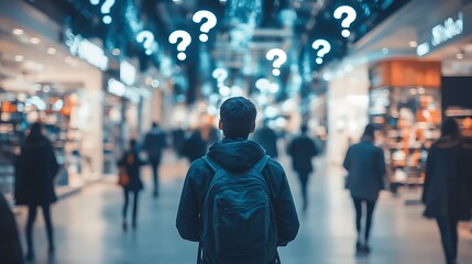 A person walking in a crowded mall with floating question marks and blurred faces around, symbolizing social anxiety.