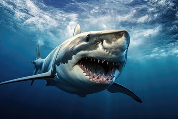 Fototapeta premium The majestic shark glides effortlessly through the vibrant blue waters its strong form highlighted by sunlight filtering down from above embodying ocean power
