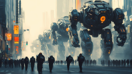 Line of giant robots march down street in scene from pacific rim uprising. Mecha Robots. Illustration