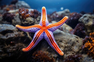 A vibrant starfish with orange and purple hues rests on a rocky surface beneath the crystal blue ocean surrounded by various marine plants and corals