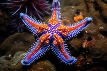 A colorful starfish with intricate patterns is delicately resting on coral showcasing its vibrant colors against the backdrop of a serene underwater environment