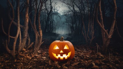 Spooky Halloween pumpkin glowing in a dark forest, surrounded by eerie trees and fallen leaves, creating a haunting atmosphere.