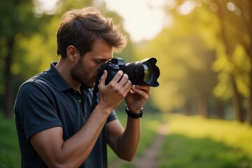 Photographer Capturing Nature in a Sunlit Park