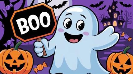 A cheerful cartoon ghost holding a 'Boo' sign surrounded by pumpkins and a spooky backdrop for Halloween fun.