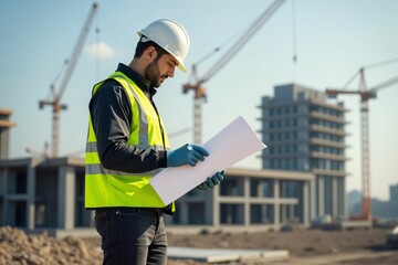 A construction worker in a hard hat is holding a large piece of documents while standing on a construction site