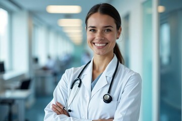 A woman in a white doctor's coat and stethoscope standing in a hospital hallway