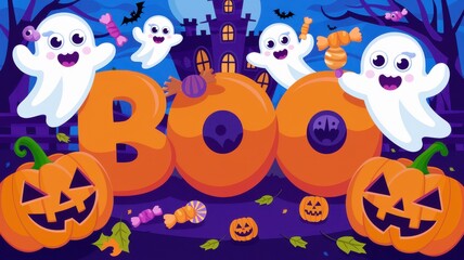Obraz premium A festive Halloween scene featuring cheerful ghosts, pumpkins, and candy, perfect for seasonal decorations and party invitations.