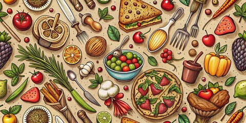 Naklejka premium Vintage Style Hand-Drawn Food Background for Culinary Art and Gastronomy Designs