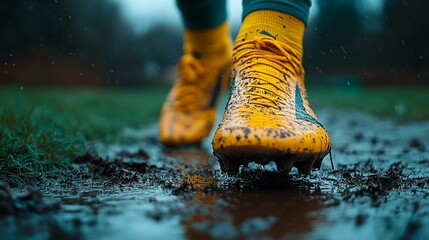 Close-up of orange boots walking through mud on a soccer field, illustrating the impact of weather on gameplay.