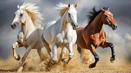 Three horses galloping in desert landscape