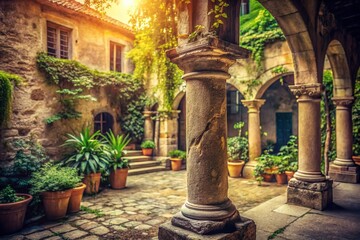 Fototapeta premium Vintage Style Photography of a 3D Old Stone Column in a Quaint European Setting