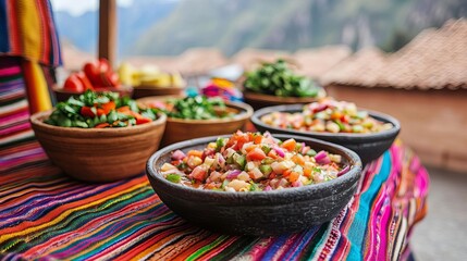 Peruvian street vendor in Cusco serving traditional ceviche, vibrant textiles and Andean mountains in the background,  Peru street food, cultural heritage