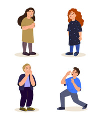 Set of terrified,dissapointed Little Sad Children.Scared Boys and Girls with psychological trauma in depressed condition.Alone Helpless Frightened Kids needing a support.Flat vector Illustration