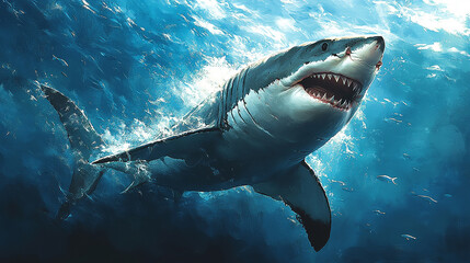 Fototapeta premium A large white shark is in the ocean, with other fish visible.