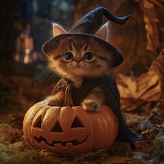 Adorable kitten in witch hat inside a Halloween pumpkin
