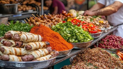 Fototapeta premium Turkish bazaar with street vendors selling fresh kebabs, vibrant spices and traditional Turkish delights in a busy marketplace, Turkey street food, cultural richness