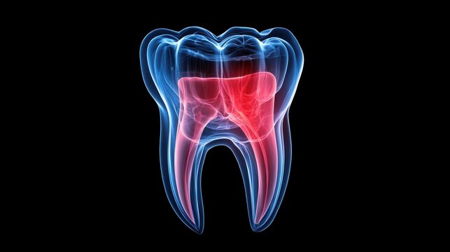 An x-ray image revealing a tooth with a red-highlighted section suggesting inflammation or infection, presenting critical insight into dental health and treatment requirements.