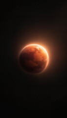 Naklejka premium A stunning view of Mars illuminated by a distant sun, showcasing its reddish surface and atmospheric details. Perfect for space-themed projects, educational materials, or sci-fi illustrations