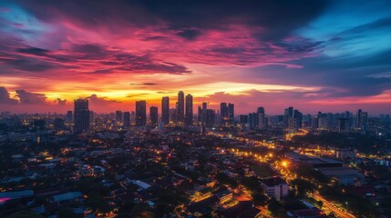 Obraz premium Vibrant Cityscape at Sunset with Dramatic Cloud Patterns