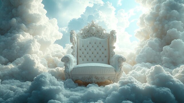 A grand white throne perched among soft clouds, representing a celestial kingdom in a divine illustration.