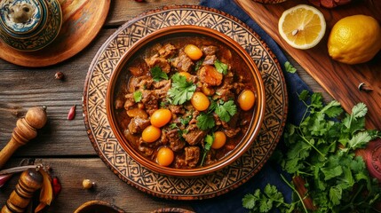 A mouthwatering plate of Moroccan tagine, tender lamb stewed with apricots, almonds