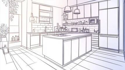Modern Kitchen Interior Design Line Art Illustration
