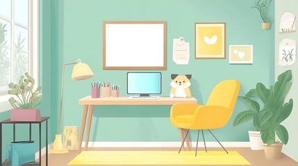 Home Office Desk with Yellow Chair and Green Walls