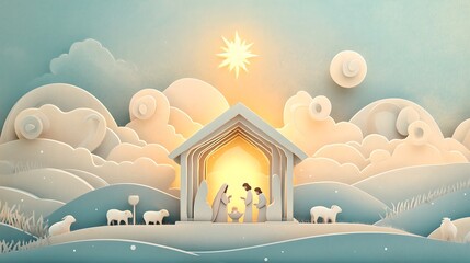 Watercolor painting representing Nativity scene in Bethlehem. Christmas scene illustration showing holy family baby Jesus in the manger Joseph and Mary. Banner or wallpaper Copy space