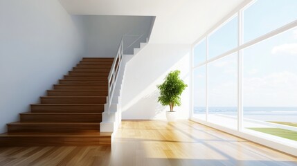 Obraz premium Bright Modern Interior with Elegant Staircase and View