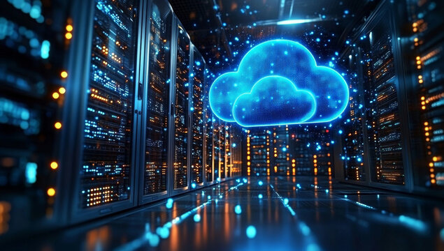 A futuristic web hologram depicting digits and codes with a cloud icon. Abstract motion of digital data flow. Stock photo.
