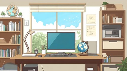 Modern Home Office Desk with Computer  Bookshelves  and Globe