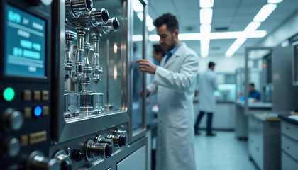 High-Tech Laboratory with Advanced Scientific Equipment and Researcher in White Lab Coat, Showcasing Precision Instruments, Cutting-Edge Technology, and Futuristic Ambiance